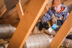 male-contractor-binding-ventilation-pipes - HVAC maintenance services in Denton County